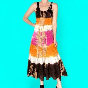Solitaire Los Angeles Pink Brown Tie Dye Hippie Festival Midi Dress
